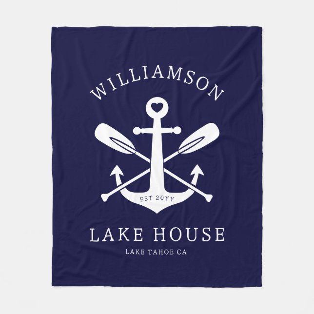Modern Lake House Family Name Nautical Navy Blue Fleece Blanket (Front)