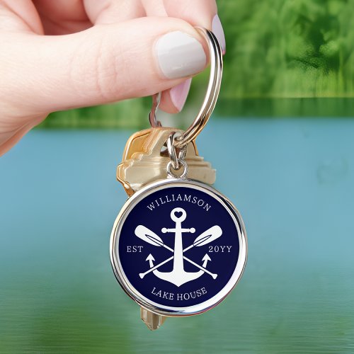 Modern Lake House Family Name Nautical Navy Blue Keychain