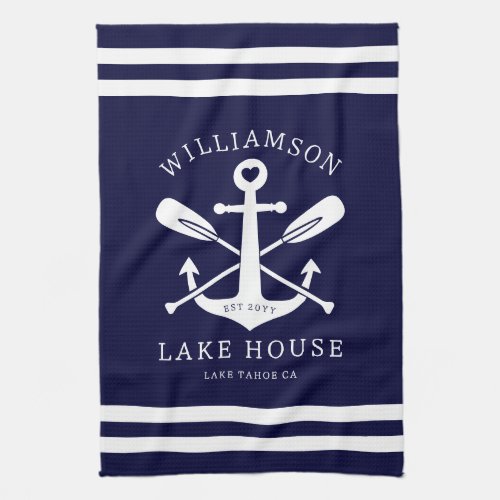 Modern Lake House Family Name Nautical Navy Blue Kitchen Towel