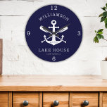 Modern Lake House Family Name Nautical Navy Blue Large Clock<br><div class="desc">Modern Lake House Family Name Nautical Navy Blue Large Clock</div>