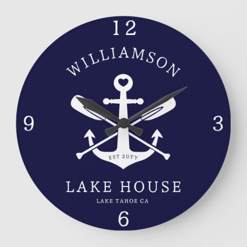 Modern Lake House Family Name Nautical Navy Blue Large Clock
