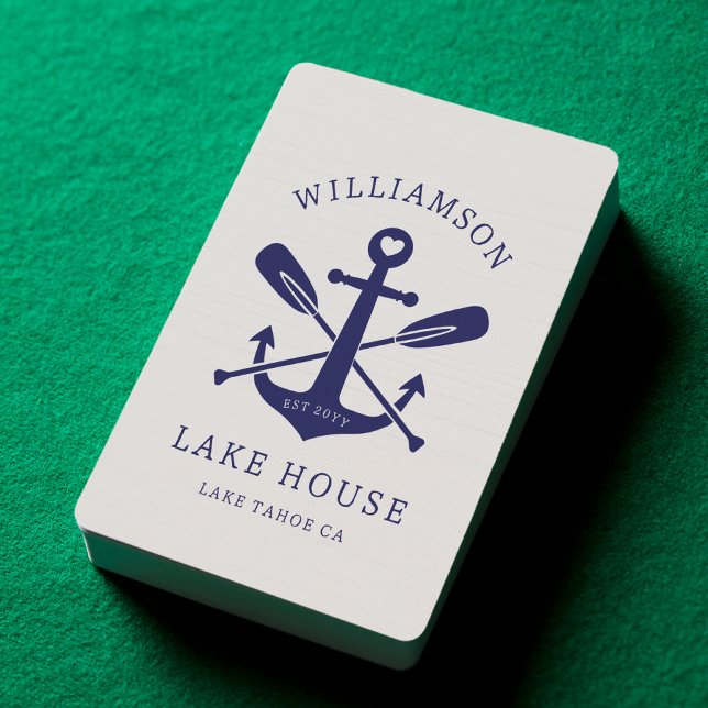 Modern Lake House Family Name Nautical | Navy Blue Poker Cards (Creator Uploaded)