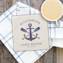 Modern Lake House Family Name Nautical   Navy Blue Stone Coaster