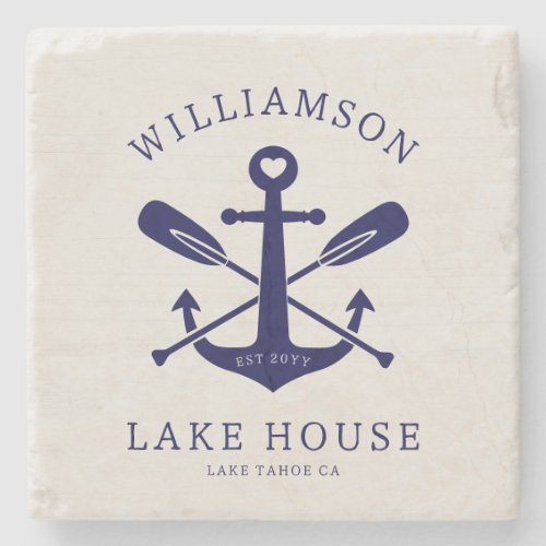Modern Lake House Family Name Nautical  Navy Blue Stone Coaster