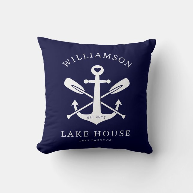 Modern Lake House Family Name Nautical Navy Blue Throw Pillow (Front)