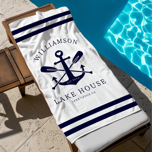 Modern Lake House Family Name Nautical White Blue Beach Towel