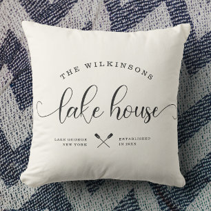 Modern Lake House Family Name Script Location Throw Pillow