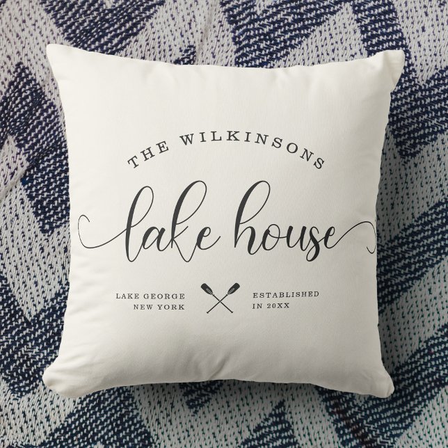 Modern Lake House Family Name Script Location Throw Pillow (Creator Uploaded)