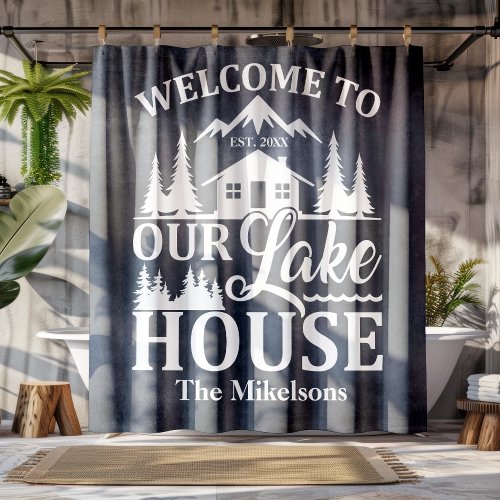 Modern Lake House Family Name Shower Curtain