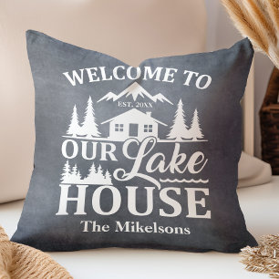 Modern Lake House Family Name Throw Pillow