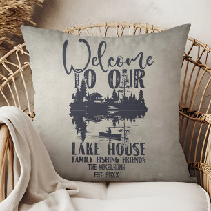 Modern Lake House Family Name Throw Pillow