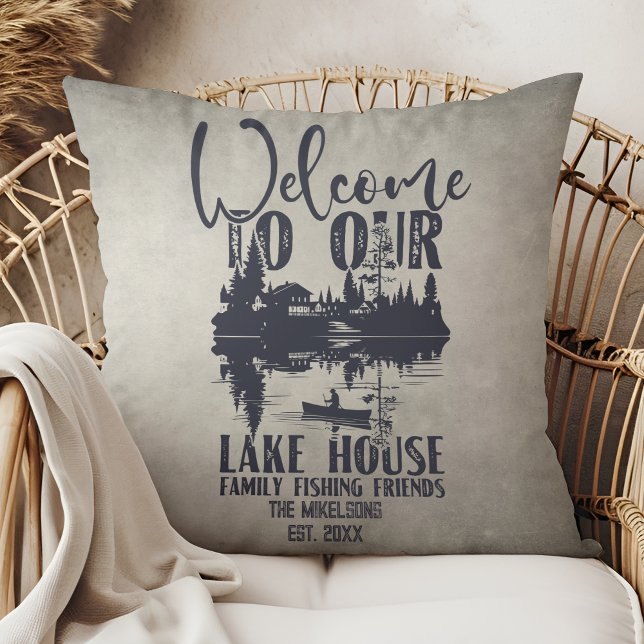 Modern Lake House Family Name Throw Pillow (Creator Uploaded)