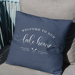 Modern Lake House Family Name Welcome Script Blue Throw Pillow