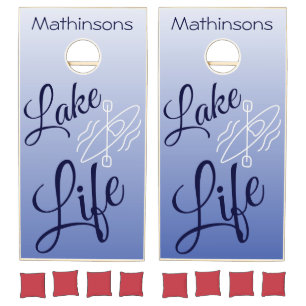 Modern Lake Life Kayak Navy Blue and White Cornhole Set