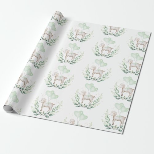 Modern Lamb Baby Sheep with Balloon  Greenery Wrapping Paper