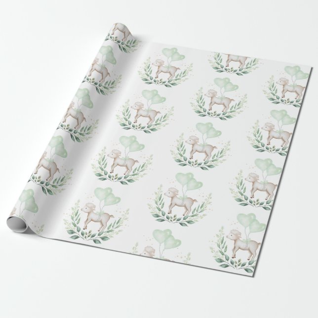 Modern Lamb Baby Sheep with Balloon & Greenery Wrapping Paper (Unrolled)