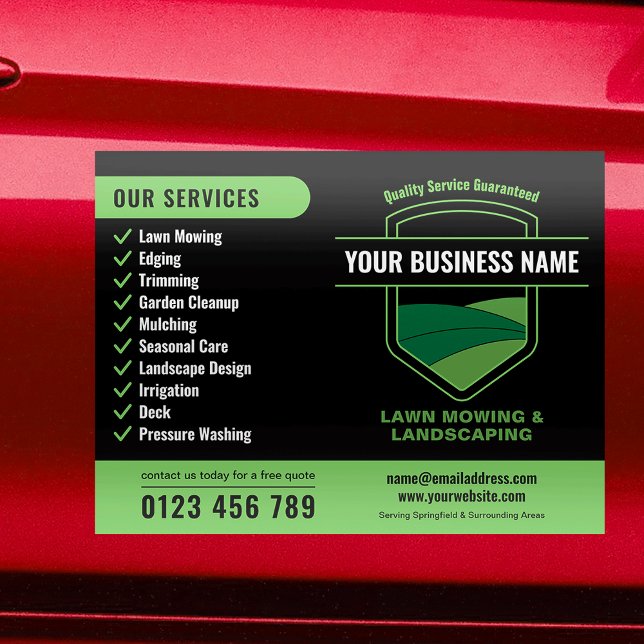 Modern Landscaping Lawn Mowing Marketing Car Magnet (Lawn Mowing & Landscaping Business Marketing Car Magnet black and green)