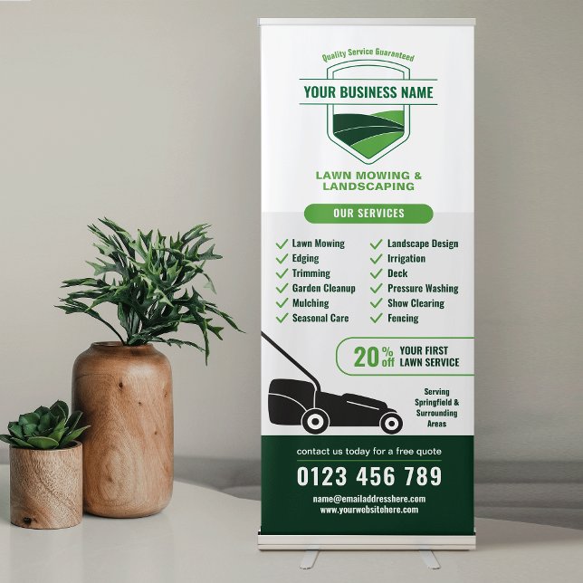 Modern Landscaping Lawn Mowing Marketing Retractable Banner (Modern Landscaping Lawn Mowing Marketing Retractable Banner in White and Green)