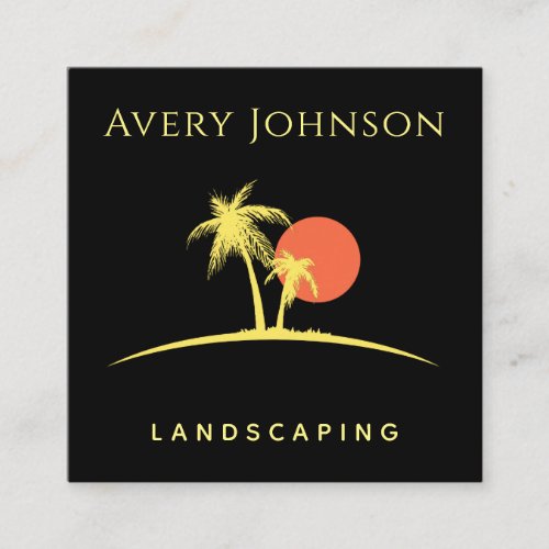 Modern Landscaping Tropical Palm Tree Sunset Black Square Business Card