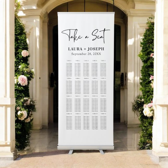 Modern Large Black and White Wedding Seating Chart Retractable Banner (Large black and white seating banner guides guests clearly with a sleek modern look.)