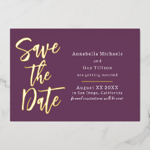Modern Large Font on Plum Purple Save the Date Foil Invitation