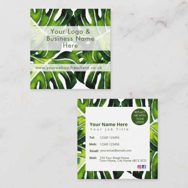Modern large green palm leaf design square business card (Front/Back)