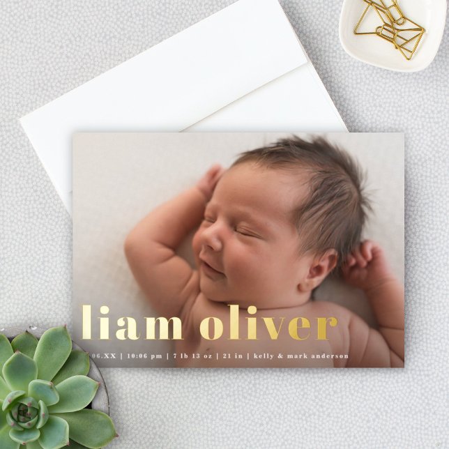 Modern Large Name Photo FOIL Birth announcement  (Creator Uploaded)