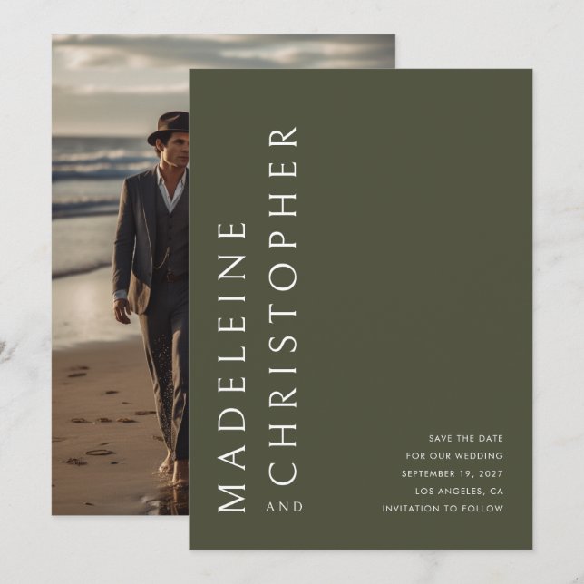 Modern Large Names Olive Green Photo Wedding Save The Date (Front/Back)