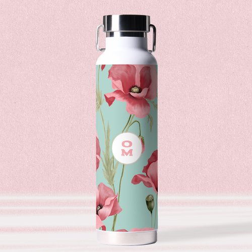 Modern Large Pink  Poppy Wildflower Monogram  Water Bottle