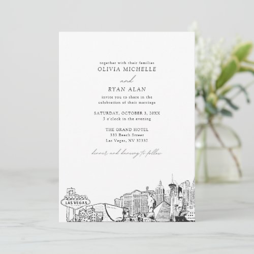 Modern Las Vegas Skyline Black  White Wedding Invitation