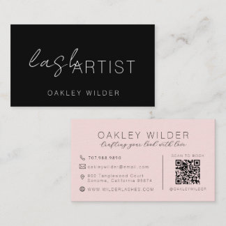 Modern Lash Artist Black Blush Pink Script QR Code Business Card