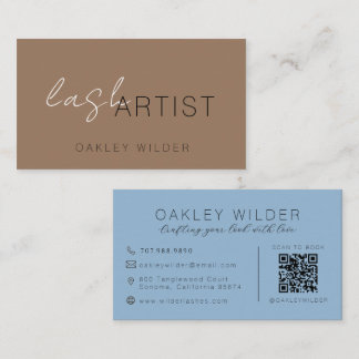 Modern Lash Artist Cocoa Brown Blue Script QR Code Business Card