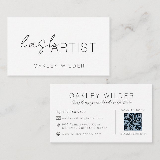 Modern Lash Artist Cocoa Script QR Code Business Card (Front/Back)