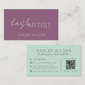 Modern Lash Artist Plum Green Script QR Code Business Card