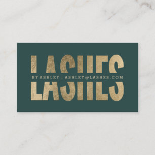 Modern lashes cut out faux gold typography green business card