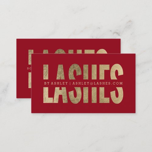 Modern lashes cut out faux gold typography red business card
