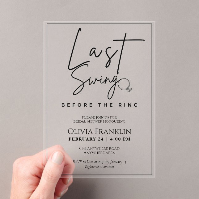 Modern last swing before the ring bridal shower acrylic invitations (Insitu (Handheld))