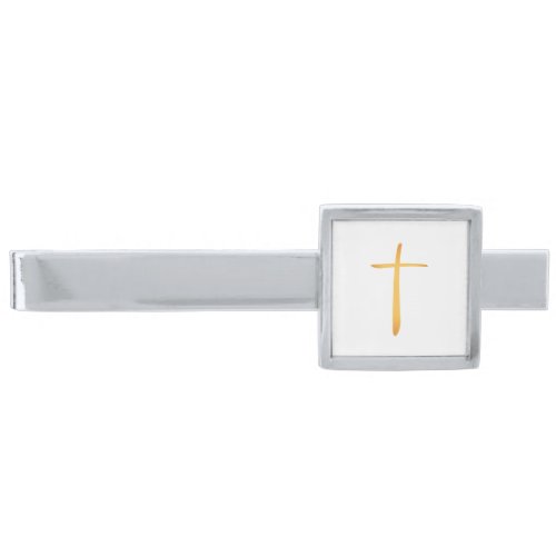 Modern Latin Christian Cross Silver Finish Tie Clip