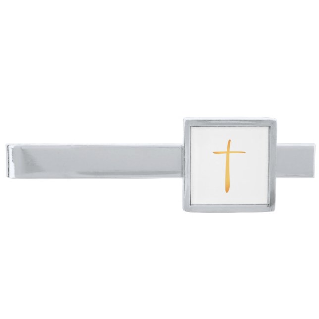 Modern Latin Christian Cross Silver Finish Tie Clip (Front)