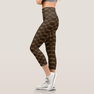Modern Lattice Geometric Black & Chocolate Brown Capri Leggings