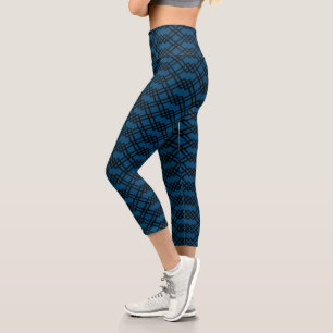 Modern Lattice Geometric Black & Ocean Blue Capri Leggings