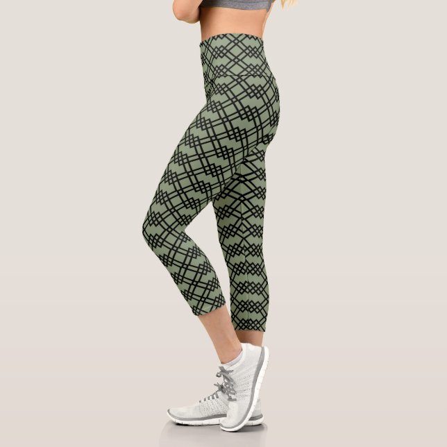 Modern Lattice Geometric Black & Sage Green Jade Capri Leggings (Left)