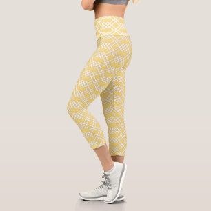 Modern Lattice Geometric Butter Yellow & White Leg Capri Leggings