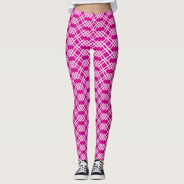 Modern Lattice Geometric Raspberry Pink & White Leggings (Front)