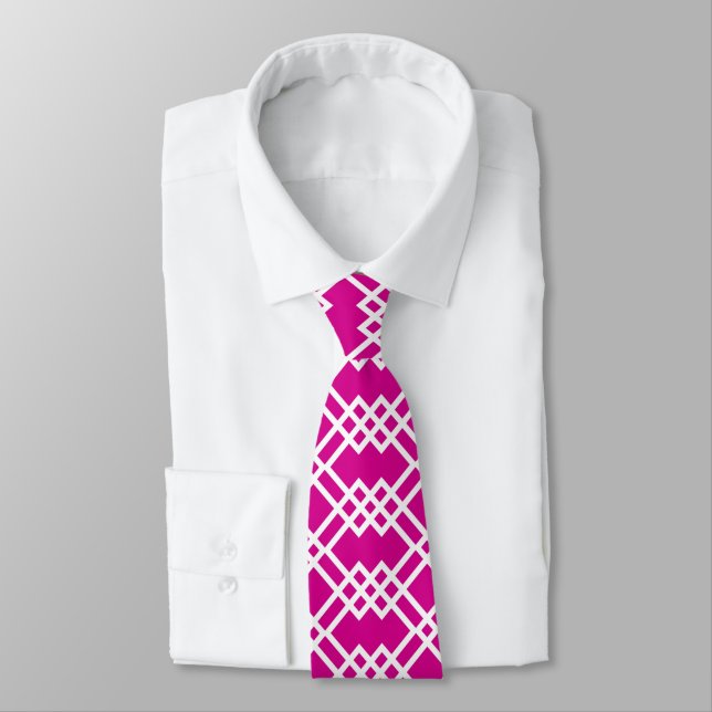 Modern Lattice Geometric Raspberry Pink & White Neck Tie (Tied)