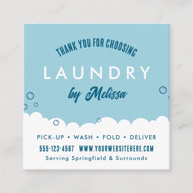 Modern Laundry Service Blue & White Thank You Card (Front)