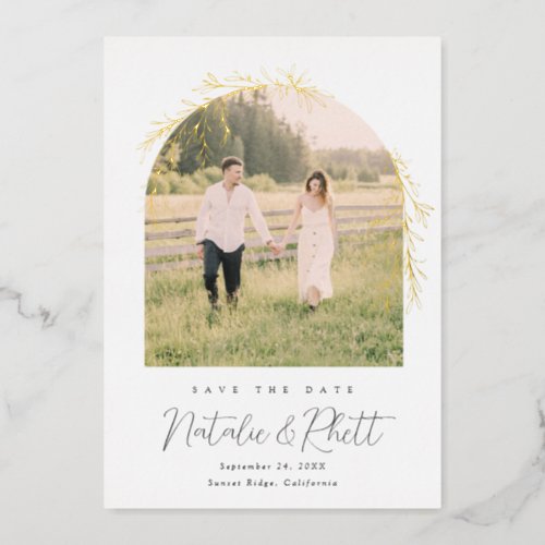 Modern Laurel Leaf Archway Wedding Save the Date Foil Invitation