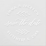 Modern Laurel Leaves Round Wedding Save the Date Embosser<br><div class="desc">Elegant personalized botanical wedding embosser features "Save the Date" in modern calligraphy script writing framed by a round wreath of laurel leaves and the circular custom text. Personalize with the name of the engaged bride and groom couple above and the wedding date below.</div>