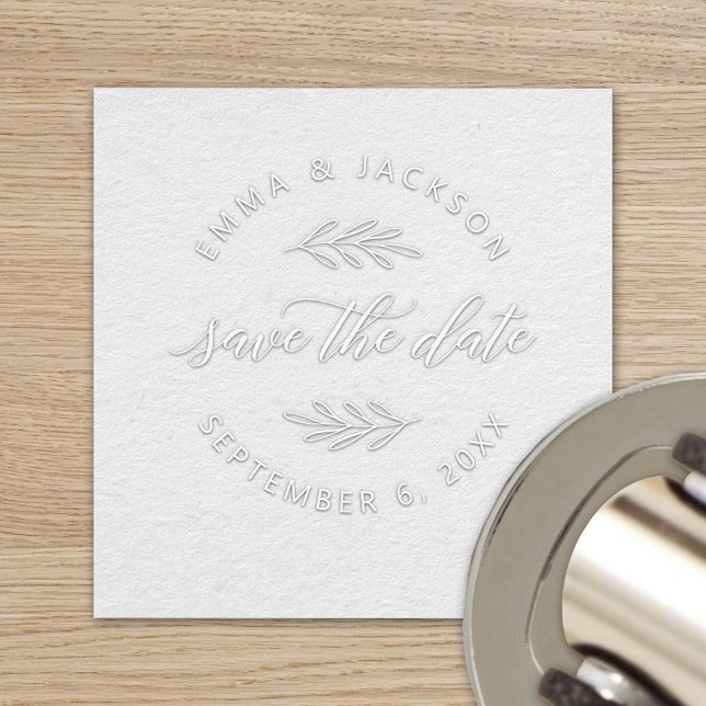 Modern Laurel Leaves Round Wedding Save the Date Embosser (Creator Uploaded)