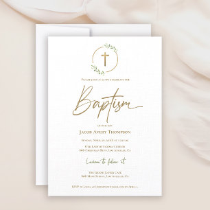 Modern Laurel Wreath Gilded Gold Cross Baptism Invitation